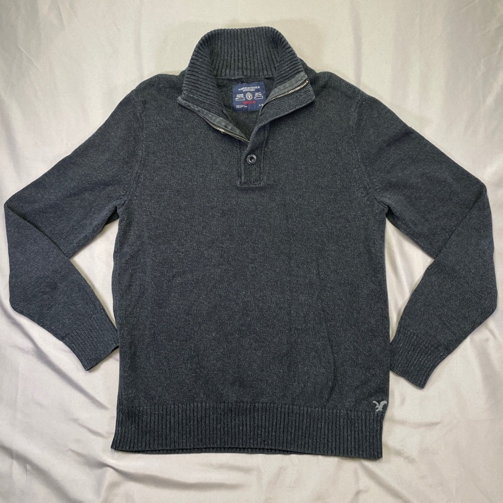 American Eagle Mens Quarter Zip Button Mock Neck Sweater Charcoal Gray Large